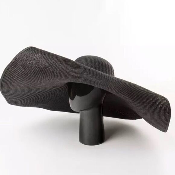 Black Extra Wide Brim Round Crown Portable Summer Straw Sun Hat NEW - Picture 3 of 3